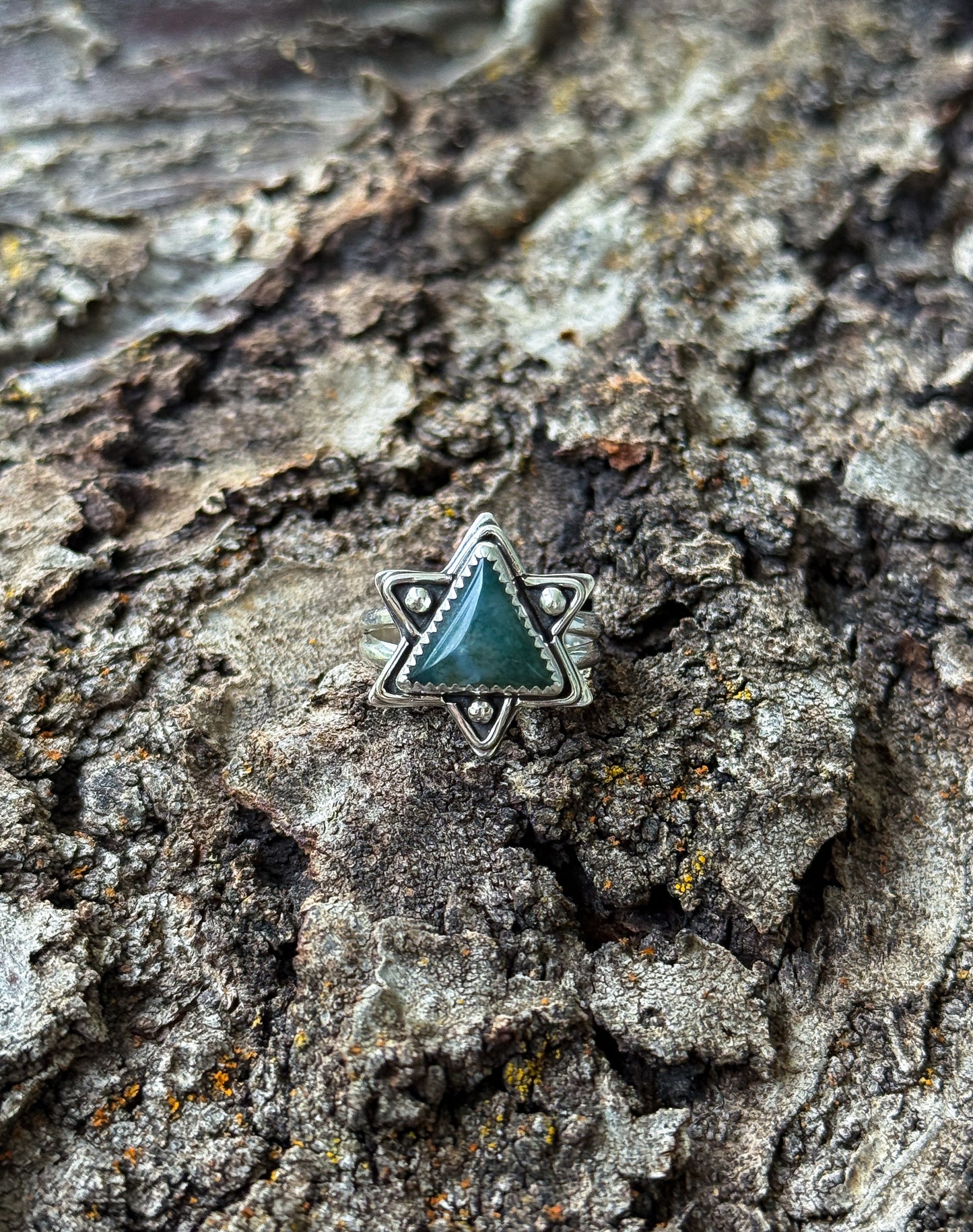 Moss Agate Trifecta Star Ring