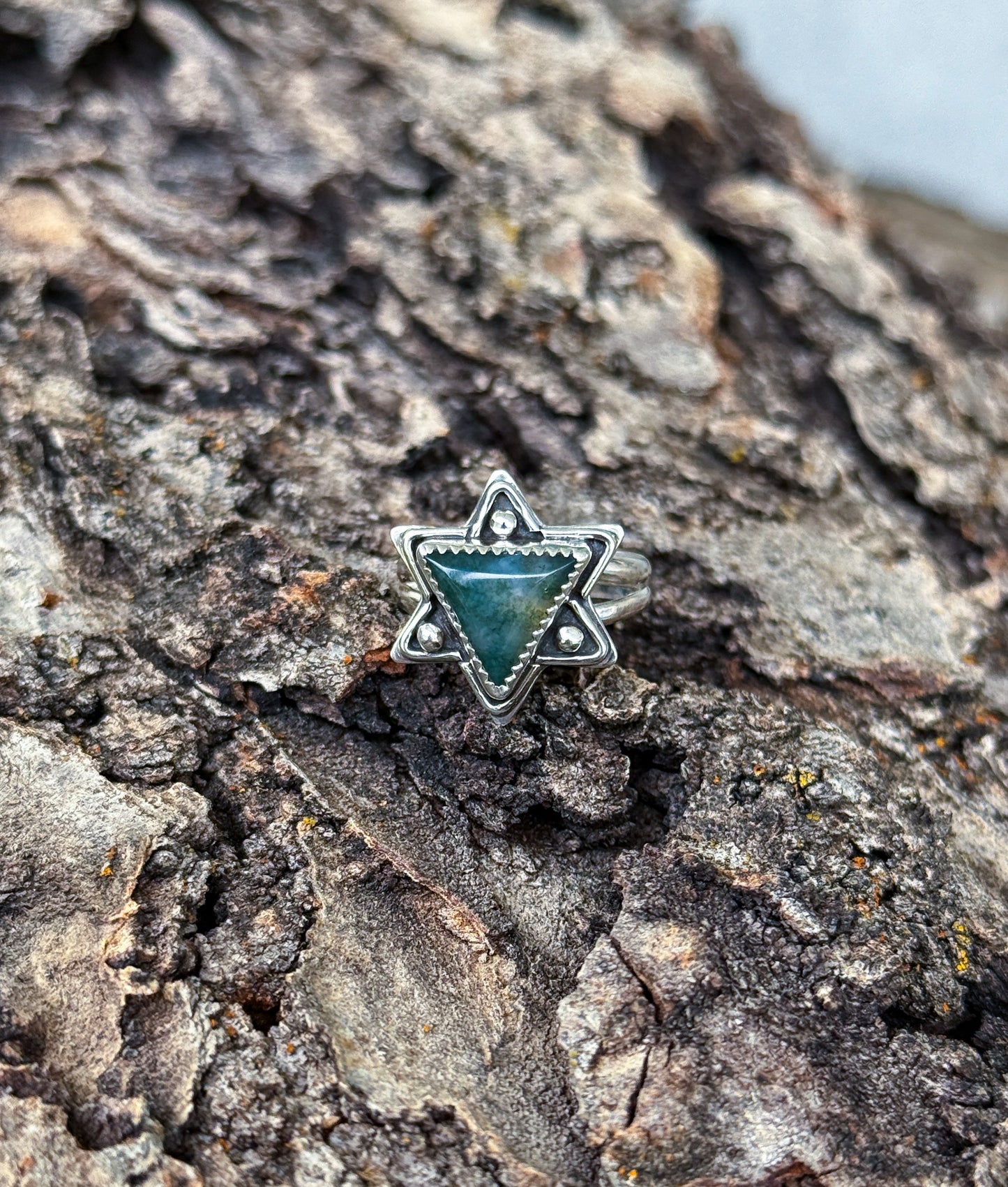 Moss Agate Trifecta Star Ring